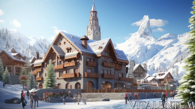 Winter Mountain Village in Photorealistic Rendering AI Image
