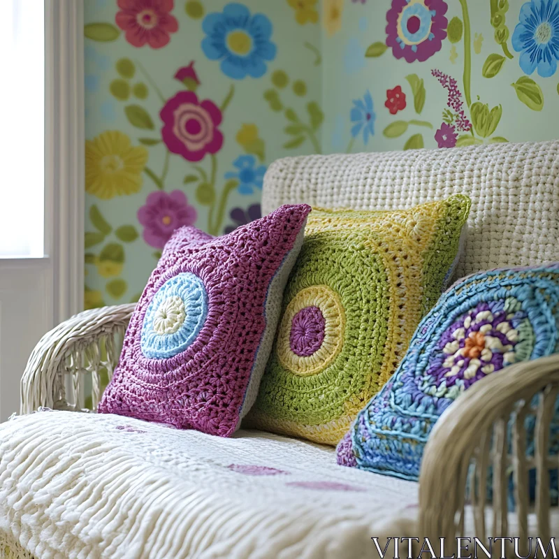 Handmade Crochet Pillows with Floral Backdrop AI Image