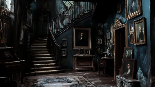 Dark Academia Interior with Portraits