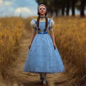 Girl in Blue Dress in Golden Field