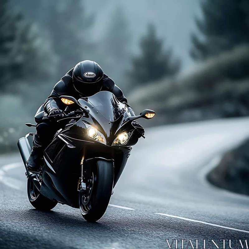 Black Motorcycle on Winding Road AI Image