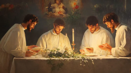 Men in White Robes at Candlelit Table