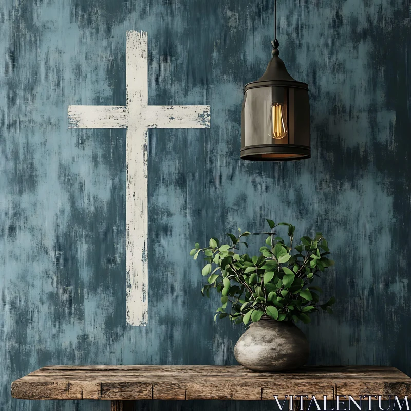 Vintage Wall Cross with Green Plant AI Image