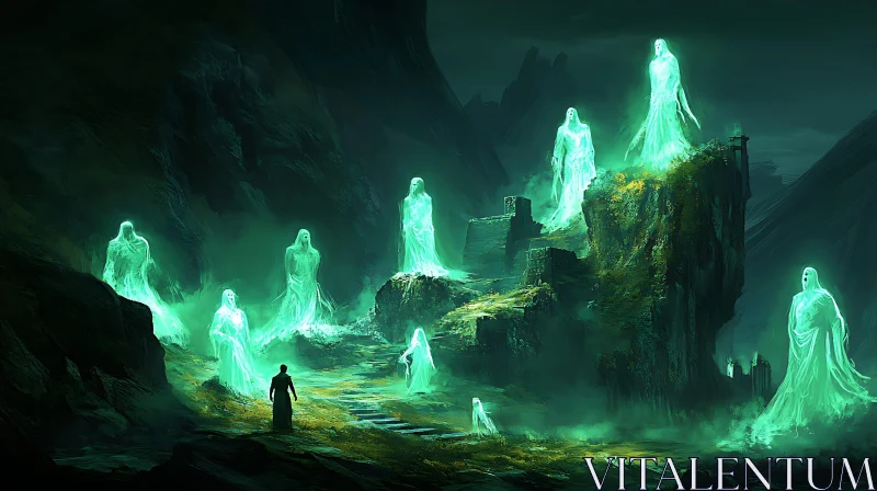 Glowing Figures in Misty Landscape AI Image