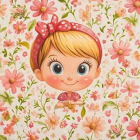 Cute Cartoon Girl Surrounded by Pink Flowers