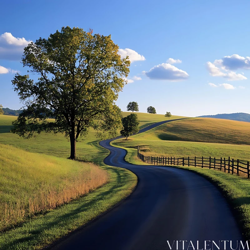 Winding Road in Green Landscape AI Image