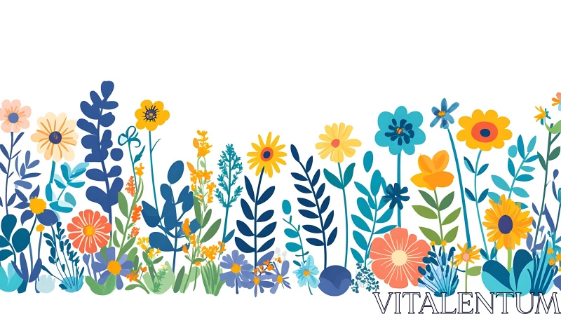 Colorful Flowers and Foliage Illustration AI Image