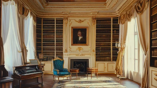 Vintage Library Room With Fireplace