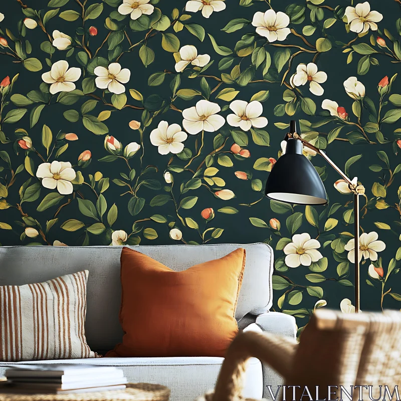 Botanical Wallpaper with Couch and Pillows AI Image