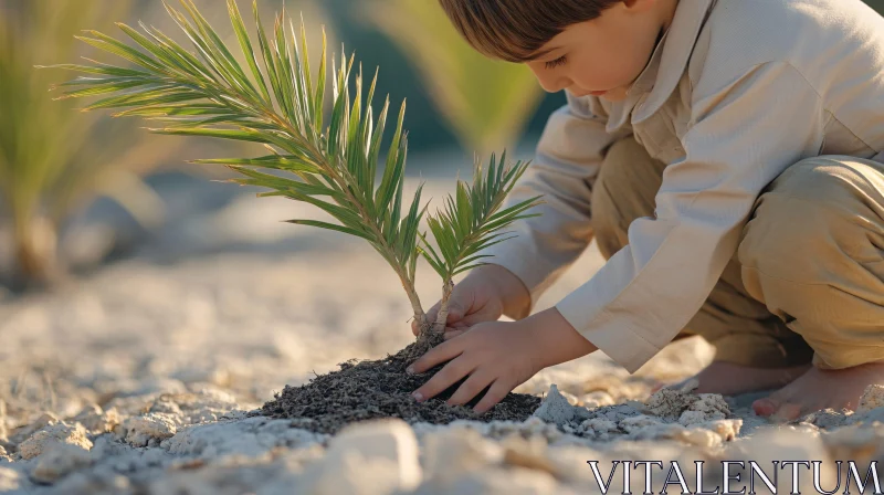 Young Boy Plants a Palm Tree AI Image