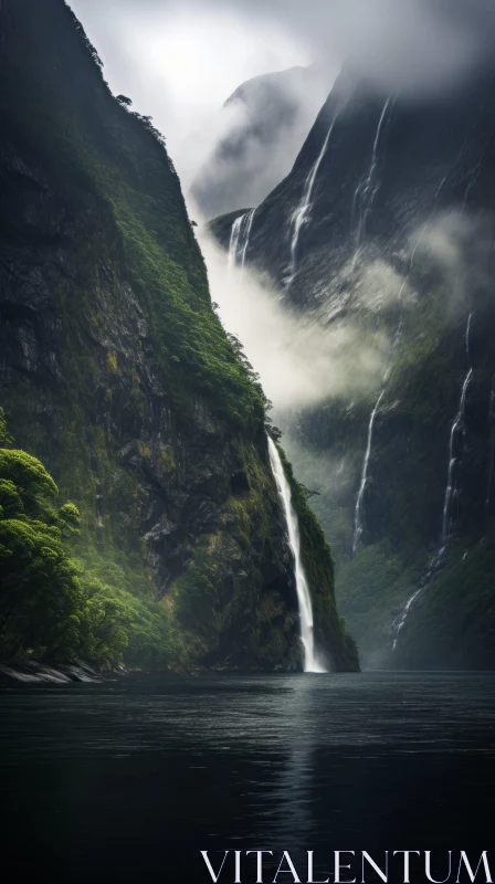 Enchanting Waterfall on a Rainy Day: Captivating Nature Photography AI Image