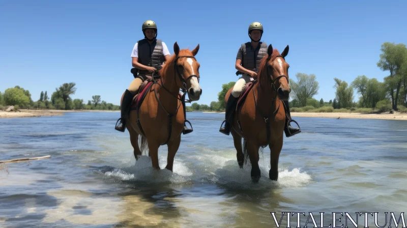 Equestrian Delight: Shallow Water Horse Ride with Eastern and Western Fusion AI Image