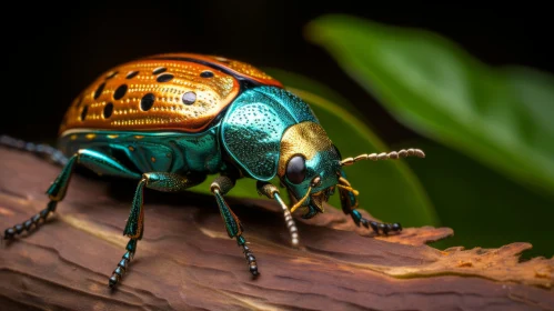 Exquisite Beetle on Branch in Teal and Gold - Bio-Art Photography