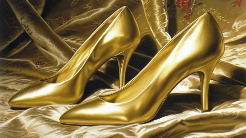 Exquisite Gold High Heels Painting on Silk Fabric