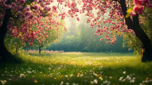 Pink Blossom Trees in Green Meadow