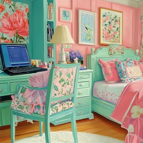 Floral Room with Desk and Bed