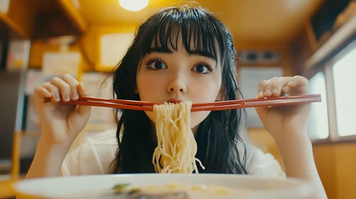 Young Girl Eating Noodles in Warm Restaurant Setting