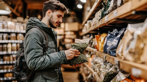 Grocery Shopping: Man Inspecting Packaged Food