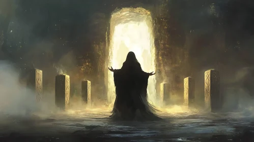 Cloaked Figure at Luminous Gateway
