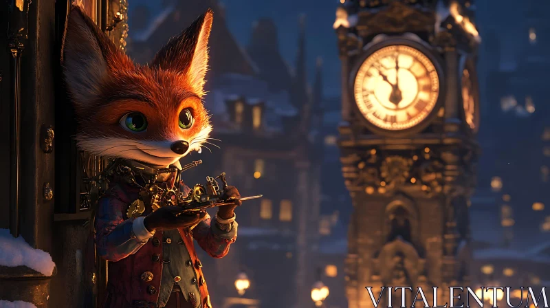 Steampunk Fox and Clock Tower AI Image