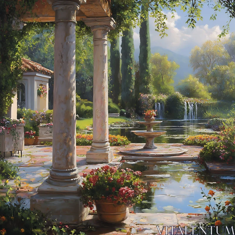 Classical Garden Oasis with Water Feature AI Image