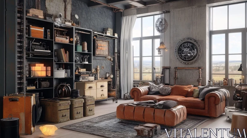 Steampunk Styled Interior with Leather Sofa AI Image