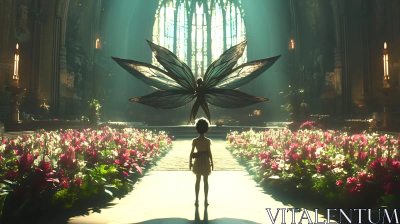 AI ART Girl with Wings in Floral Hall