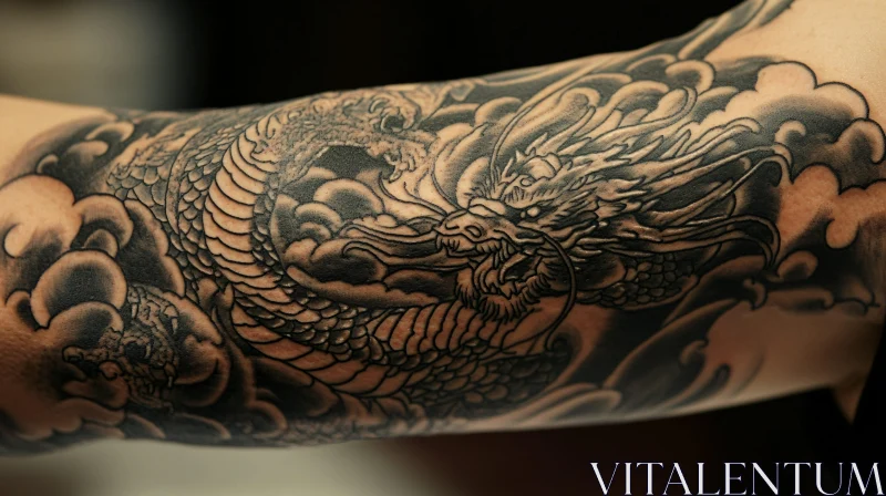 Arm Tattoo Featuring Detailed Dragon and Clouds AI Image