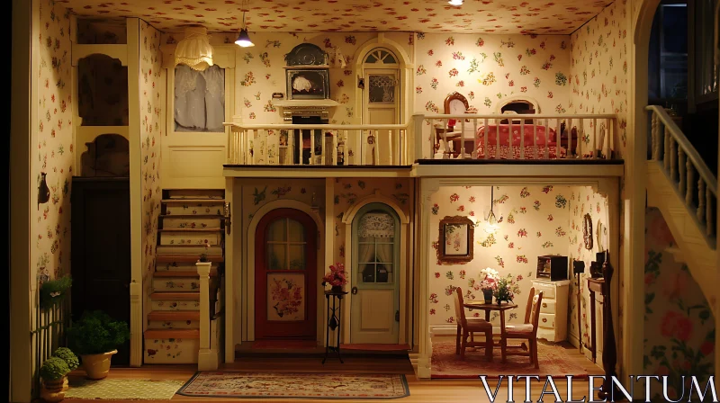 AI ART Miniature Dollhouse with Floral Wallpaper