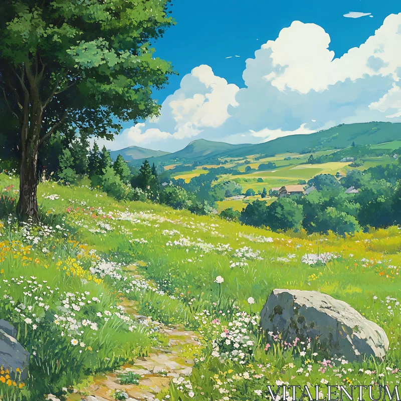 AI ART Scenic Meadow Landscape with Rolling Hills