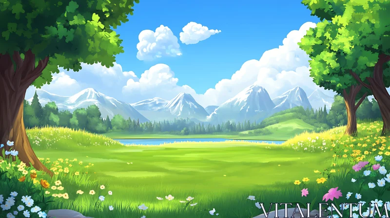 AI ART Green Meadow with Mountain View Art