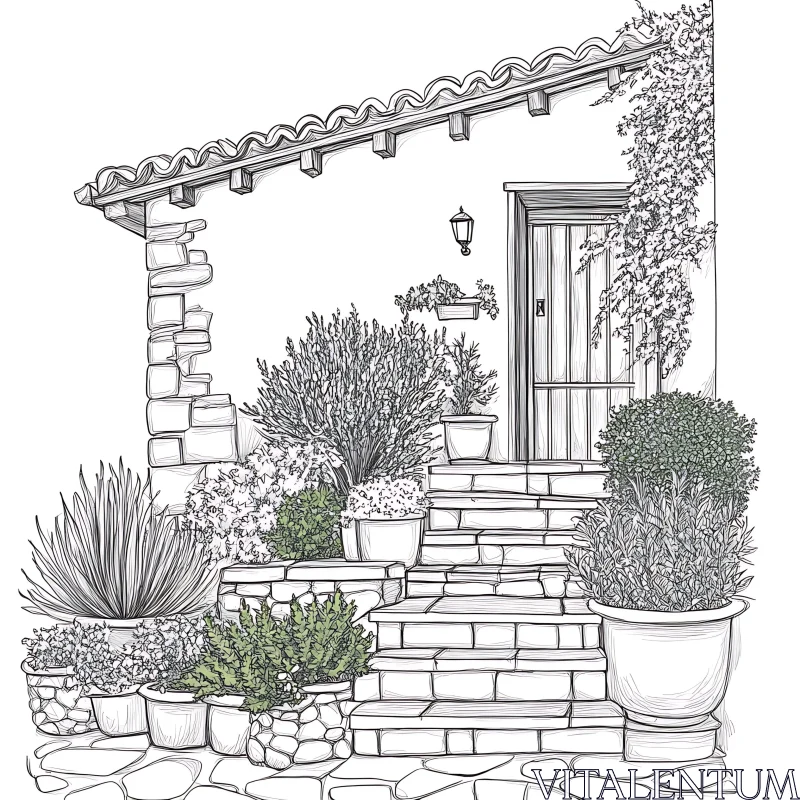 Elegant House with Plants Hand-Drawn AI Image