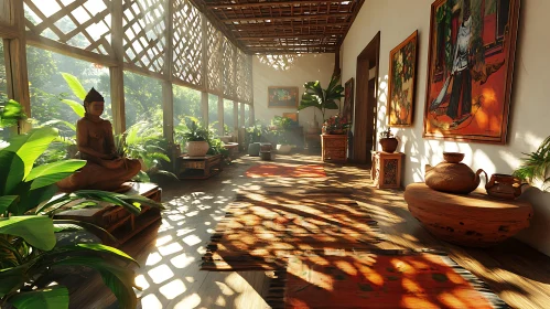 Sunlit Interior with Plants and Buddha Figure