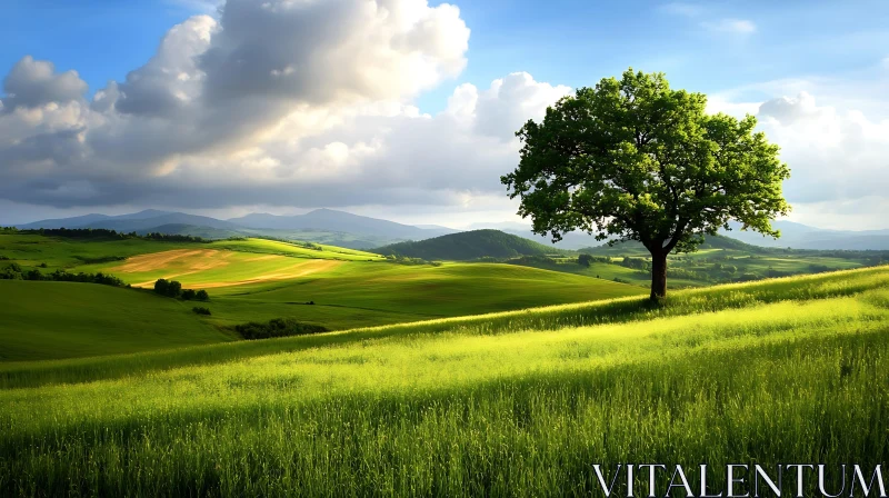 AI ART Scenic Green Field Tree Hill View