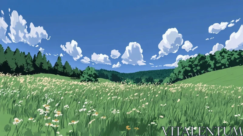 Green Field Under Blue Sky AI Image