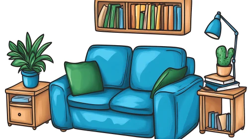 Cozy Cartoon Living Room with Blue Furniture