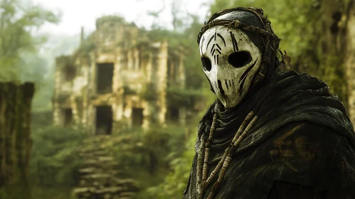 Masked Figure in Overgrown Ruins