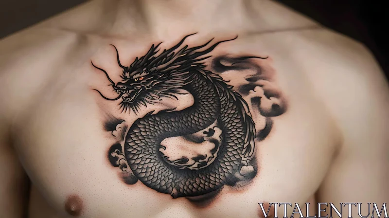 Black Ink Dragon Chest Tattoo Art AI Image