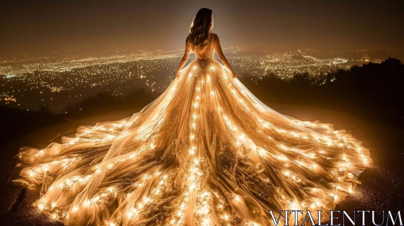 Majestic Woman in Golden Dress on Hilltop AI Image