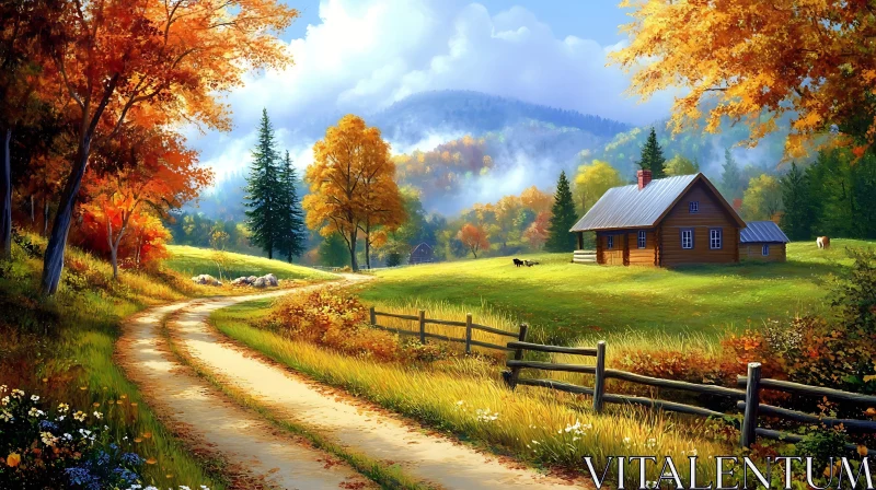 AI ART Scenic Autumn Landscape with Cabin