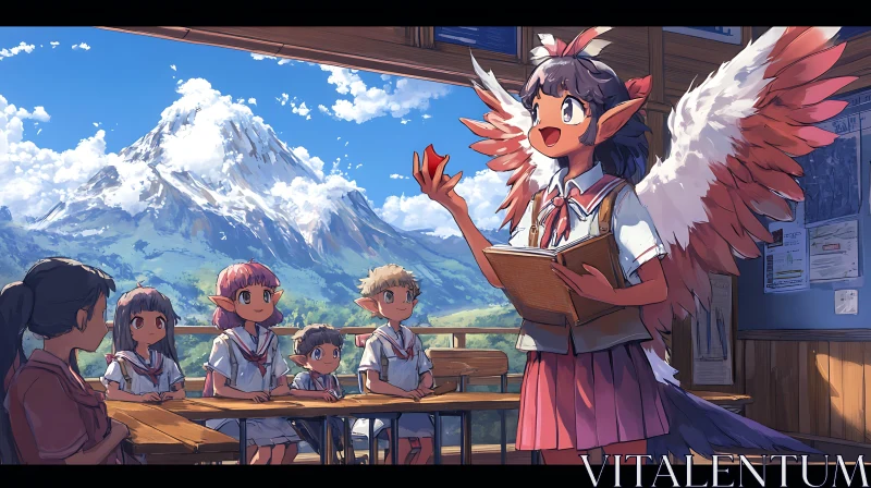 Winged Anime Teacher in Mountain Classroom AI Image