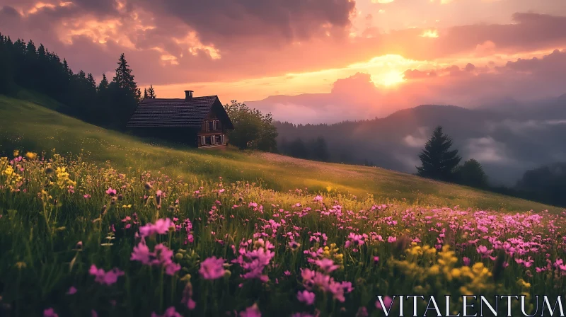 Sunset Over Flower Meadow Cottage AI Image