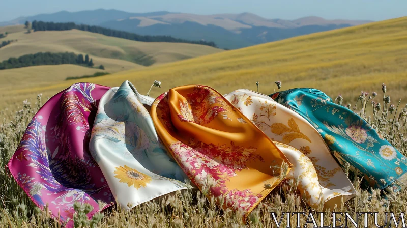 AI ART Floral Silk Scarves on Golden Field