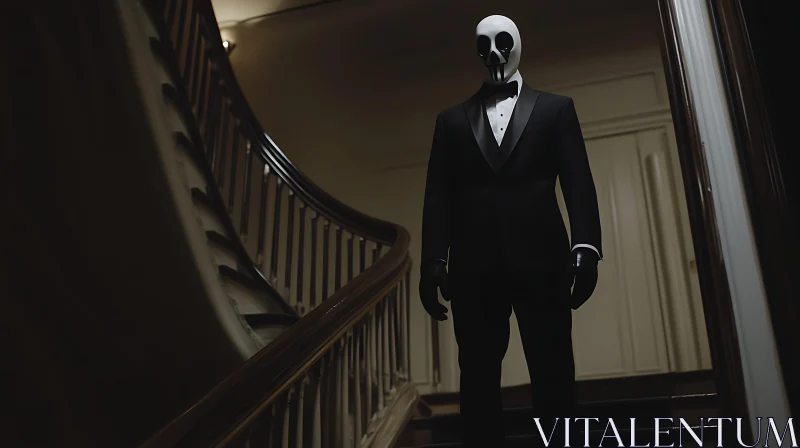 Figure in Suit and Mask on Staircase AI Image