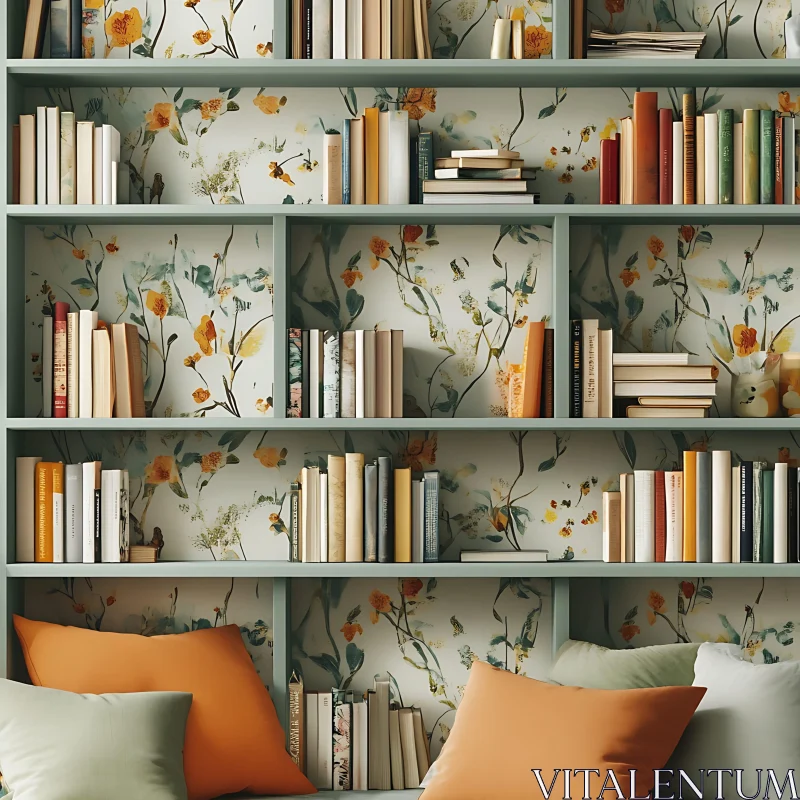 Bookshelf with Floral Wallpaper AI Image