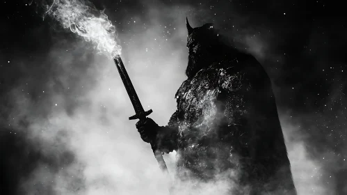 Monochrome Warrior with Sword and Smoke