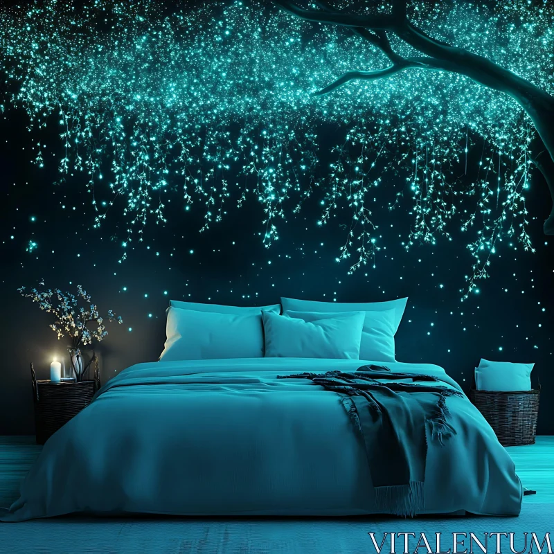 AI ART Teal Bedroom with Glowing Tree