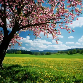 Spring Blossom Landscape with Yellow Field