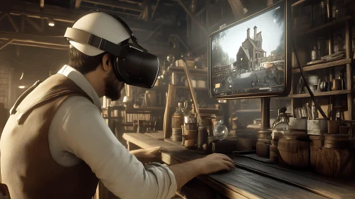 Man Enjoys Virtual Reality in Workshop