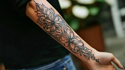 Detailed Black Ink Floral Tattoo